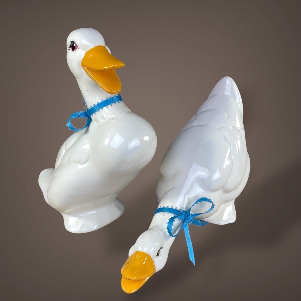 Ceramic Blue Ribbon Goose Figurines Set of 2 Grammacore Decor 1980s Vintage